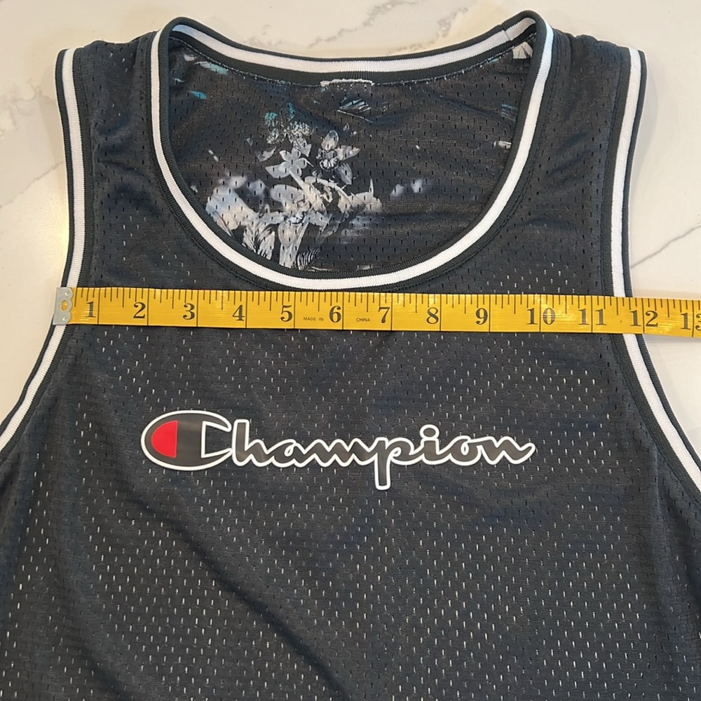 CHAMPION Cropped Mesh Reversible Basketball Jersey Tank Top, Black / Floral, S‎ - Picture 13 of 15